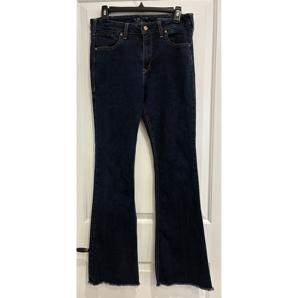Ariat Premium High Rise Flare Jeans Womens 30R Blue Dark Wash Raw Hem